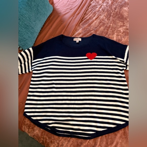 PHILOSOPHY White Navy Blue Striped Red Heart Pullover Knit Sweater 1X - Picture 3 of 5